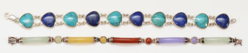 A Chinese silver and coloured jadeite panel link bracelet, 18.5cm and a silver, turquoise and