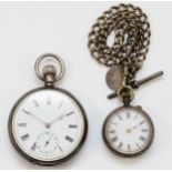 A silver keyless wind open face pocket watch, Birmingham 1906, a gun metal fob watch, both spares or