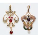 An Edwardian 9ct gold , red paste and half pearl set openwork scroll pendant, 45mm and a rose gold