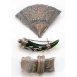 A Victorian silver Aesthetic Movement fan brooch, Birmingham 1879, 51mm, an unmarked Victorian siver