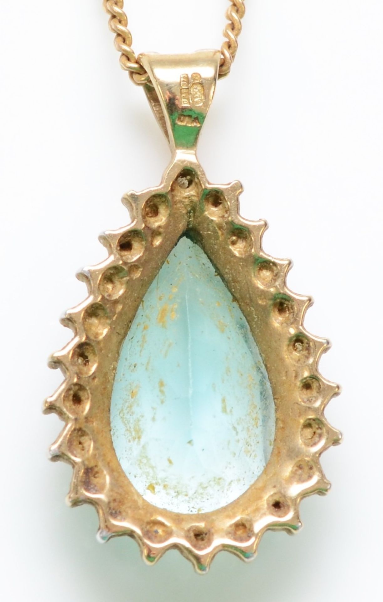 A 9ct gold pear shape topaz and diamond set pendant, 22mm, chain, 4.5gm - Image 2 of 2