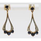 A pair of 9ct gold sapphire and diamond ear pendants, 22mm, 1.6gm