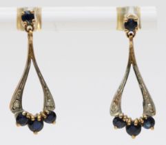 A pair of 9ct gold sapphire and diamond ear pendants, 22mm, 1.6gm