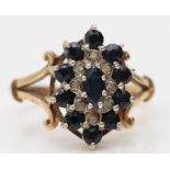 A 9ct gold sapphire and diamond cluster ring, M 1/2, 3gm