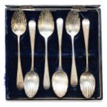 A George III silver set of bright cut and shell bowl tea spoons, various makers and dates, 76gm,