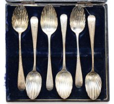 A George III silver set of bright cut and shell bowl tea spoons, various makers and dates, 76gm,