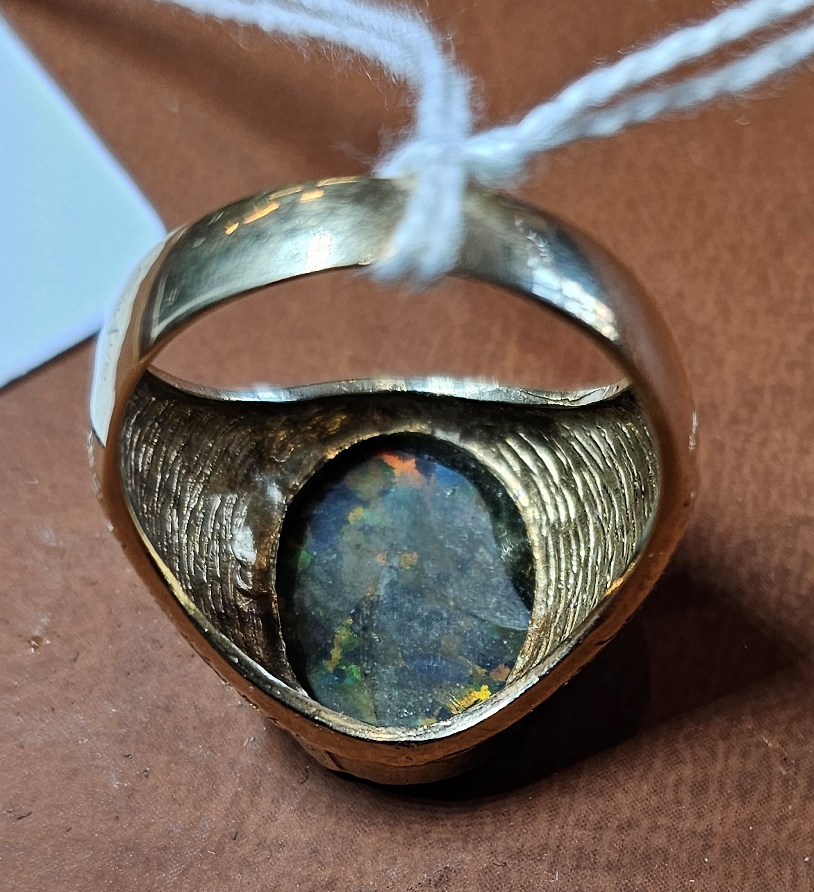 An unmarked 9ct gold and black opal doublet/triplet gentleman's signet ring, stone 18 x 14mm, - Image 4 of 7