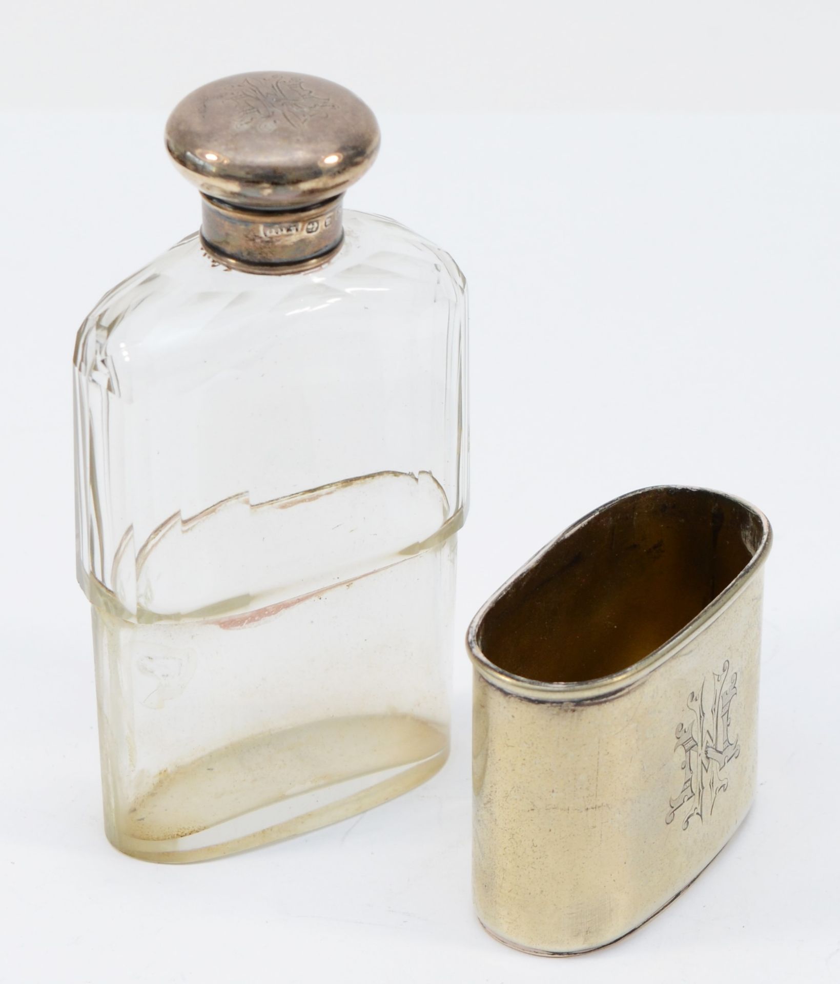 A Victorian silver, glass and silver plated hip flask, Birmingham 1896, silver screw cap, plated - Image 2 of 2