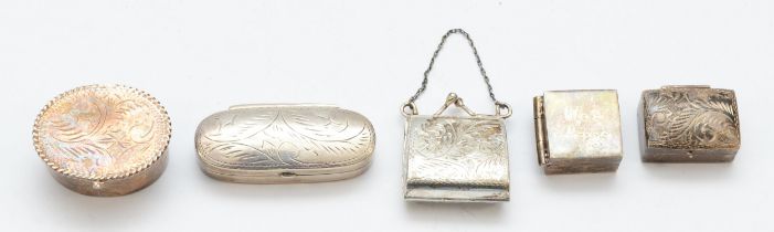 A 925 silver hand bag box, a 925 silver life's charms, box and three UK hallmarked silver boxes,