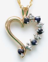 A 9ct gold sapphire and diamond heart shape pendant, chain, 2gm