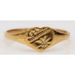 A 9ct gold and diamond set heart shape signet ring, P 1/2, 1.4gm