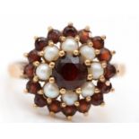 A 9ct gold cultured pearl and garnet cluster ring, L, 3gm