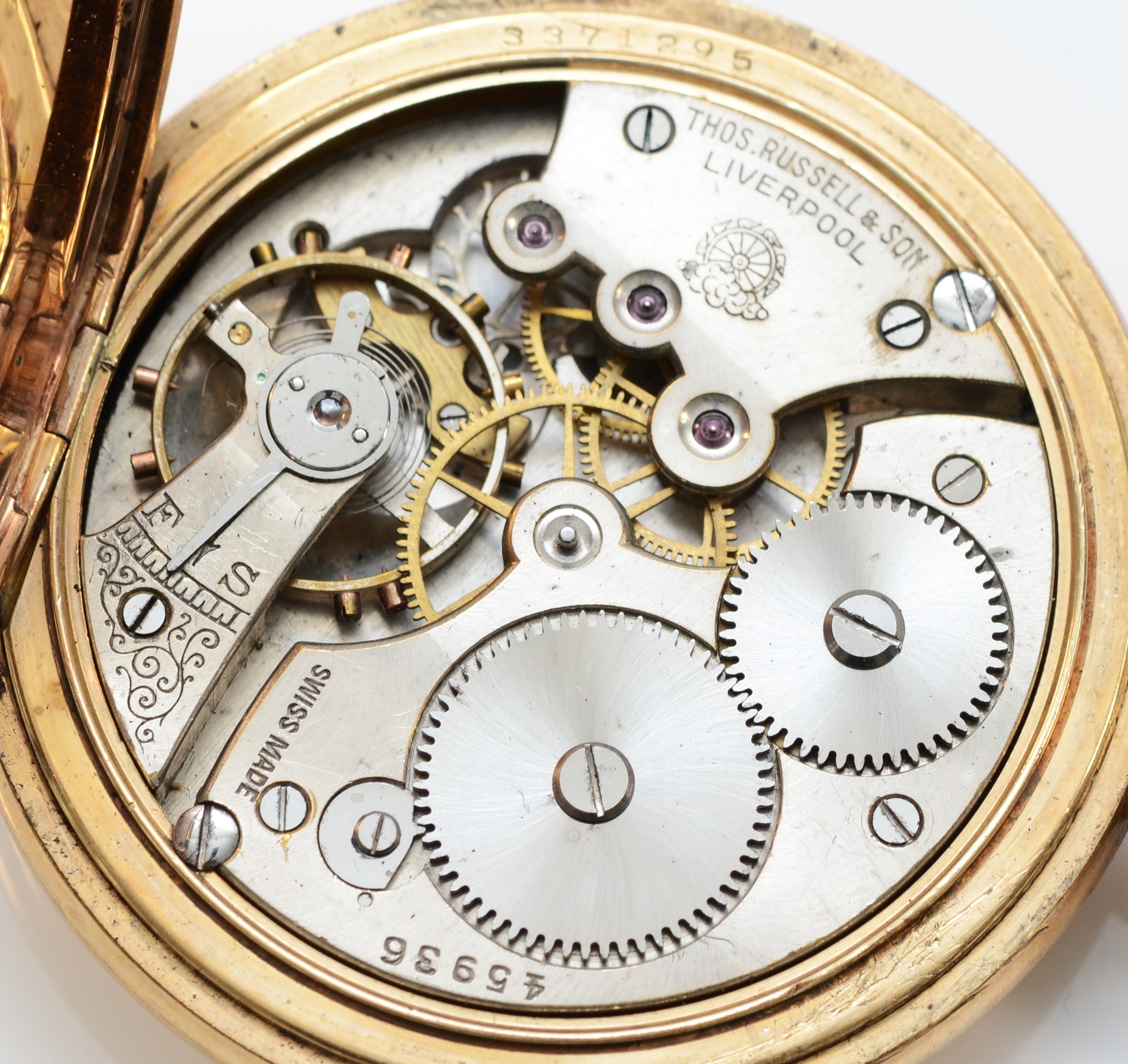 Thomas Russell & Son, a gold plated keyless wind full hunter pocket watch, 50mm, working but not - Image 3 of 3