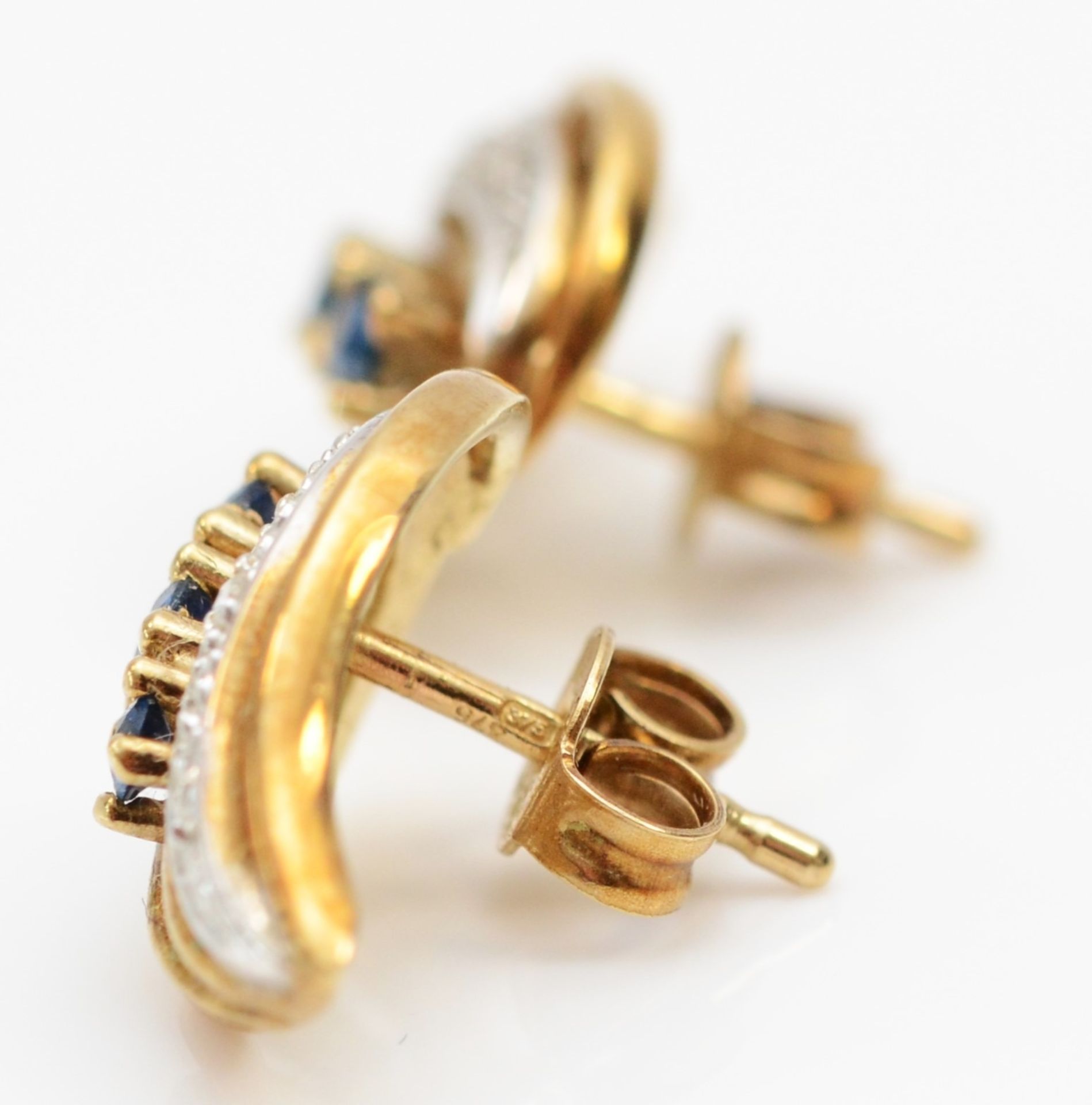 A 9ct gold pair of sapphire and diamond ear studs, 15mm, 2.6gm - Image 2 of 2