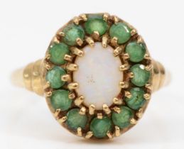 A 9ct gold opal and emerald cluster ring, Q, 3.1gm