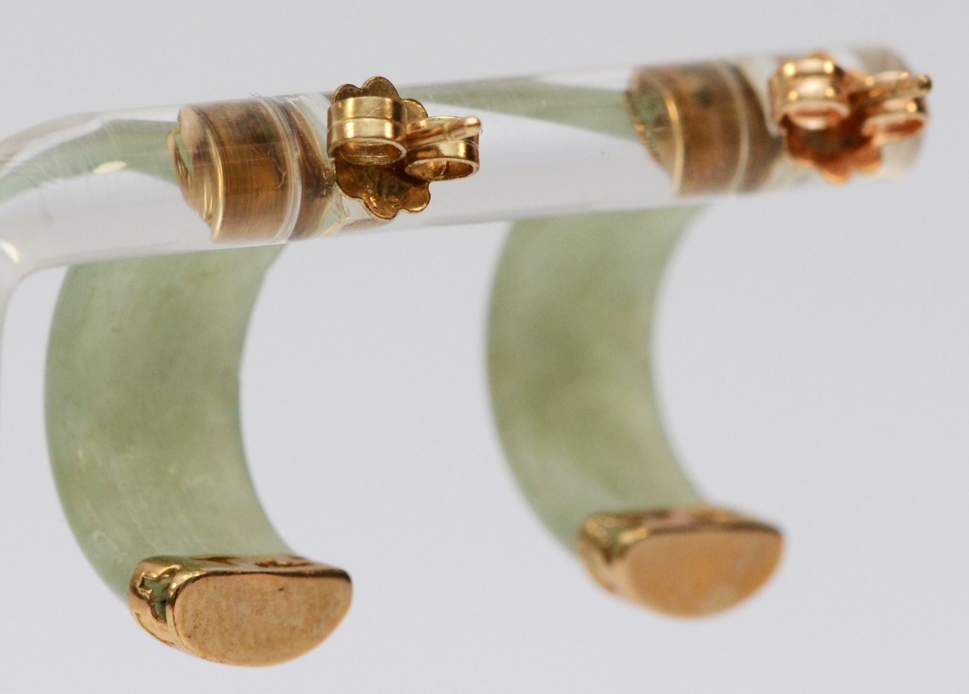A 9ct gold mounted jadeite ear studs, 18 x 8mm - Image 3 of 3