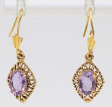 A 9ct gold and amethyst pair of ear rings, 1.5gm