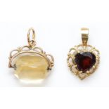 An unmarked gold garnet heart shape pendant,16mm and an unmarked gold swivel seal, 2.4gm