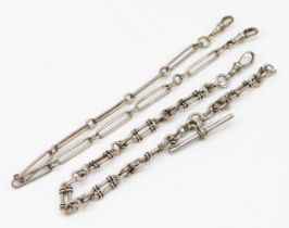 A silver baton and twist link single watch chain, 30cm and a silver baton link chain, 33cm, 49gm
