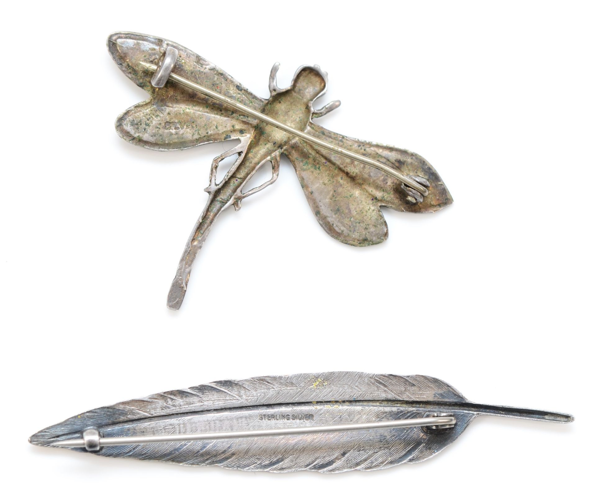 A silver and enamel dragonfly brooch, 54 x 41mm and a silver and enamel leaf brooch, 14gm - Image 2 of 2
