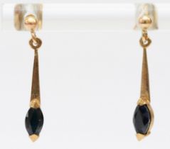 A 9ct gold pair of sapphire ear pendants, 16mm, 0.8gm