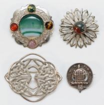 A Scottish silver FIN clan brooch, Edinburgh 1995, and three other Scottish silver brooches.