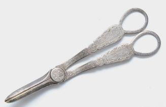 A Victorian pair of silver presentation grape scissors, by Edward Hutton, London 1891, inscribed "