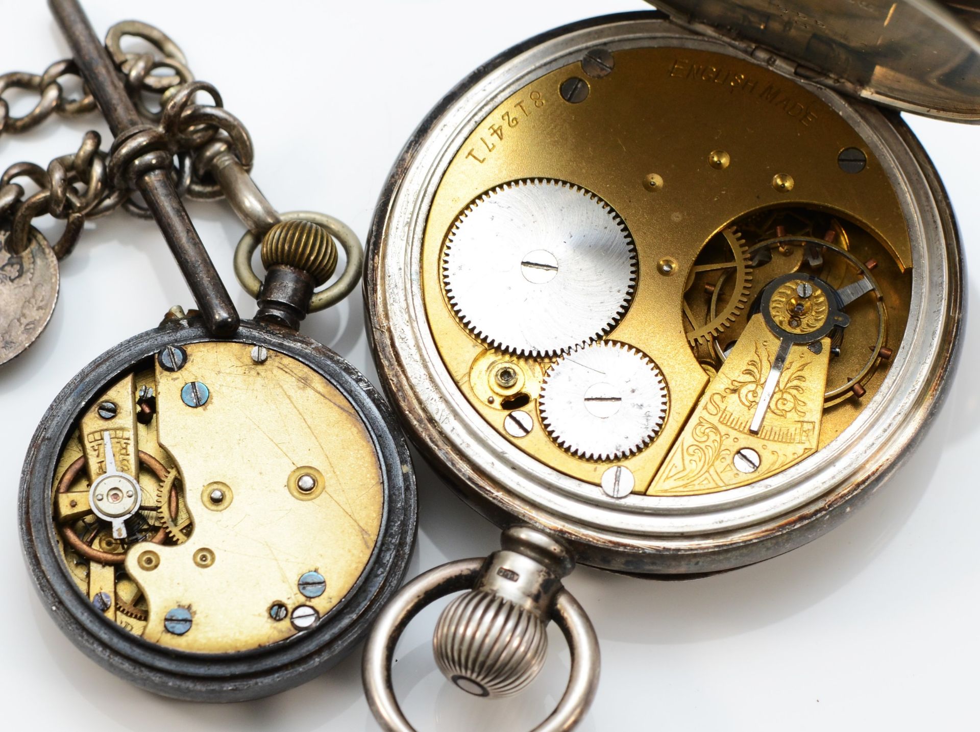 A silver keyless wind open face pocket watch, Birmingham 1906, a gun metal fob watch, both spares or - Image 2 of 2