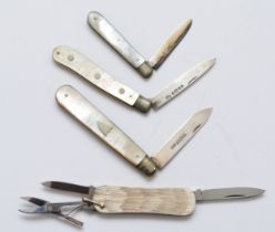 A Victorian silver and mother of pearl fruit knife, Sheffield 1873, two other later examples and a