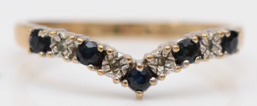 A 9ct gold sapphire and diamond chevron ring, O, 1.5gm