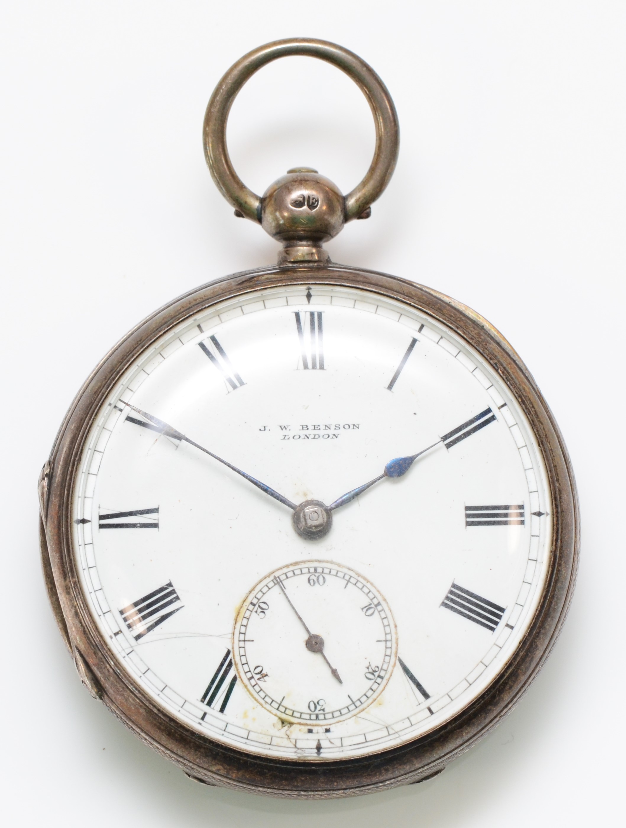 A silver key wind open face pocket watch, London 1880, 46mm, not working when catalogued, dial