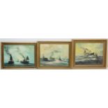J.C Crowfoot - A set of three atmospheric oil on board paintings, depicting shipping scenes of