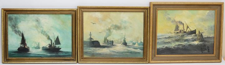 J.C Crowfoot - A set of three atmospheric oil on board paintings, depicting shipping scenes of