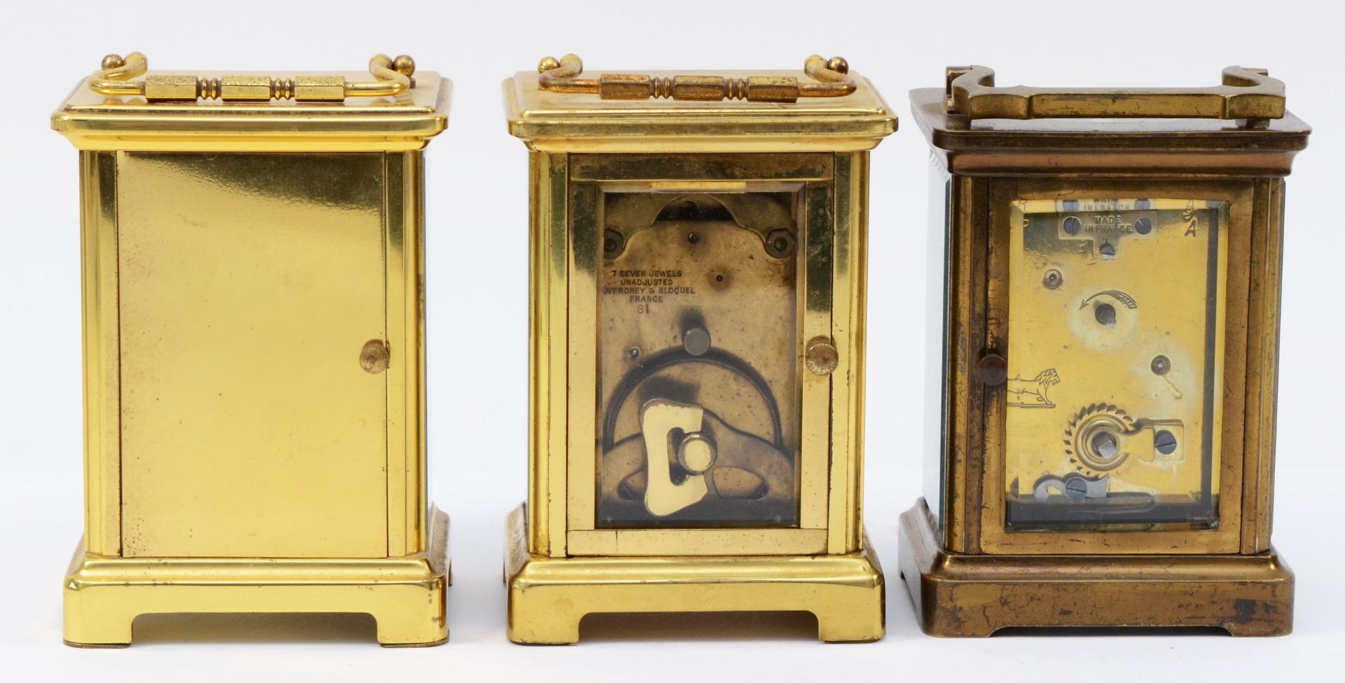 Three French 8 day carriage clocks, brass cased with enamelled dials and Roman numerals. (3) - Image 3 of 5