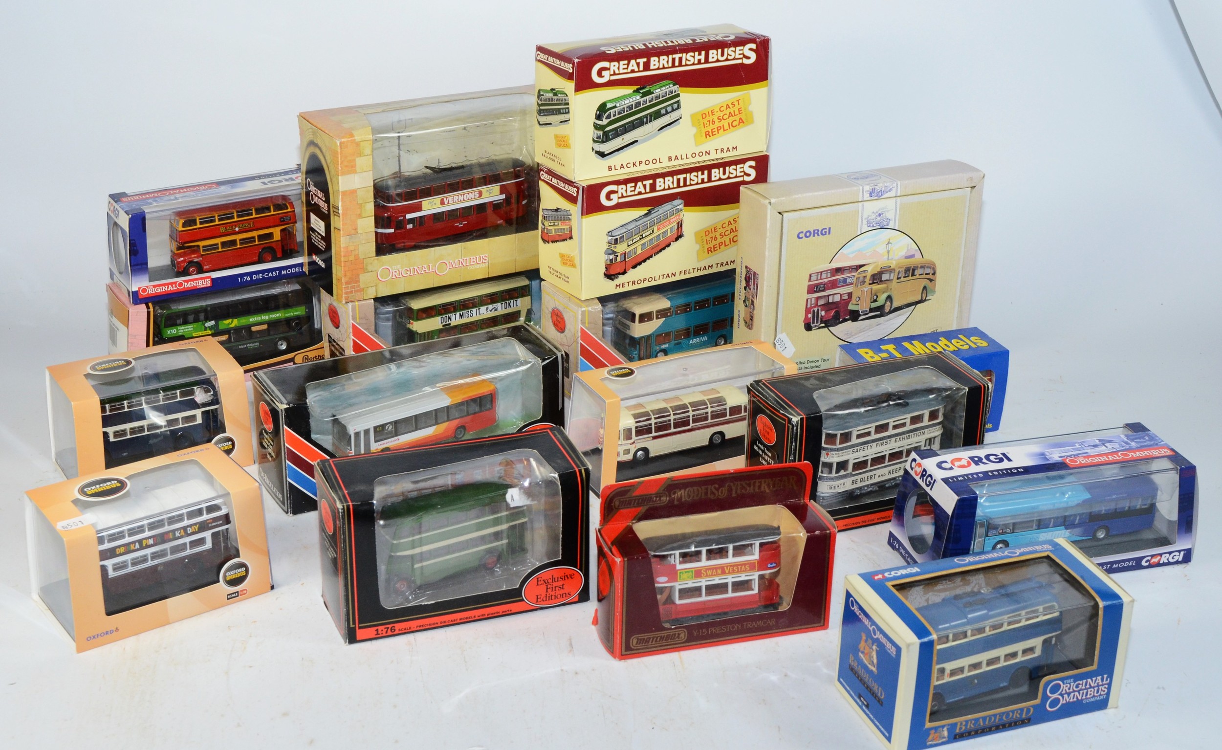 A collection of diecast models of buses, makers to include Corgi, Matchbox and Atlas, boxed as new.