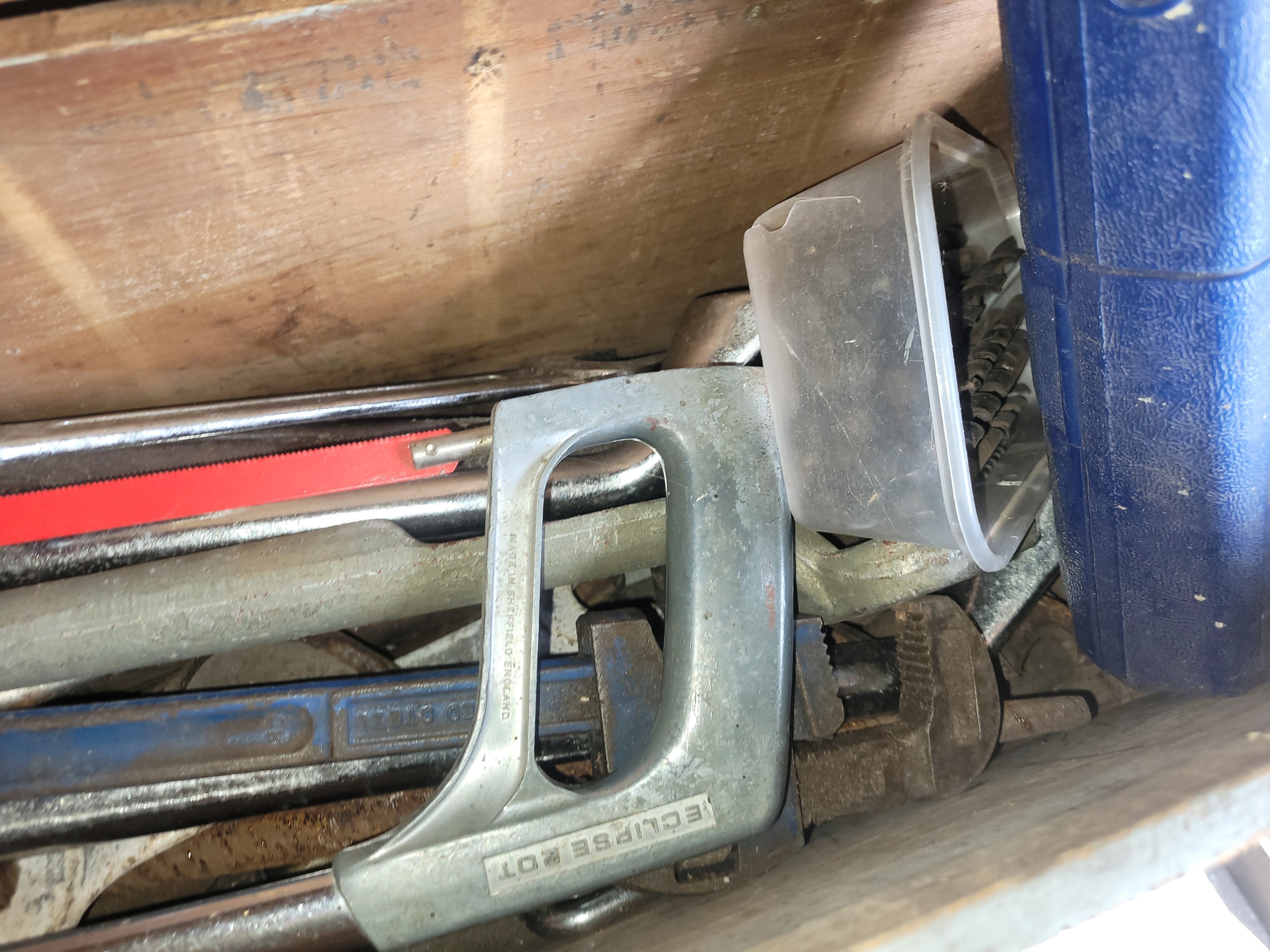 Two carpenters tool chests and contents, to include spanners, saws, planes, drill bits, socket - Image 6 of 6