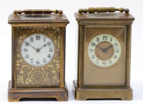 Two early 20th century French brass case carriage clocks, having 8 day movements stamped France. (2)