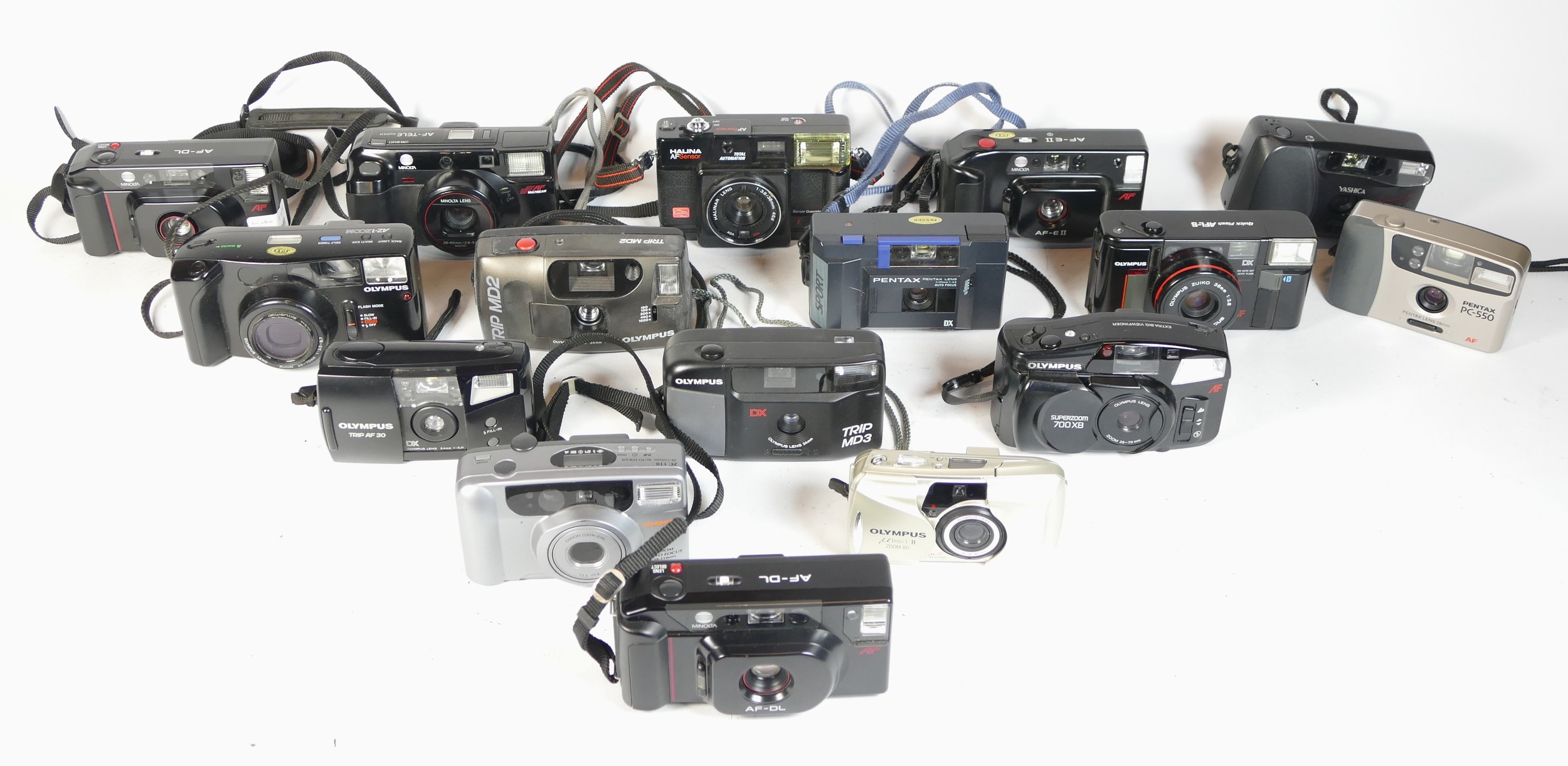 Seventeen compact film cameras to include an Olympus Trip MD3, a Minolta AF-Tele, a Pentax PC-550