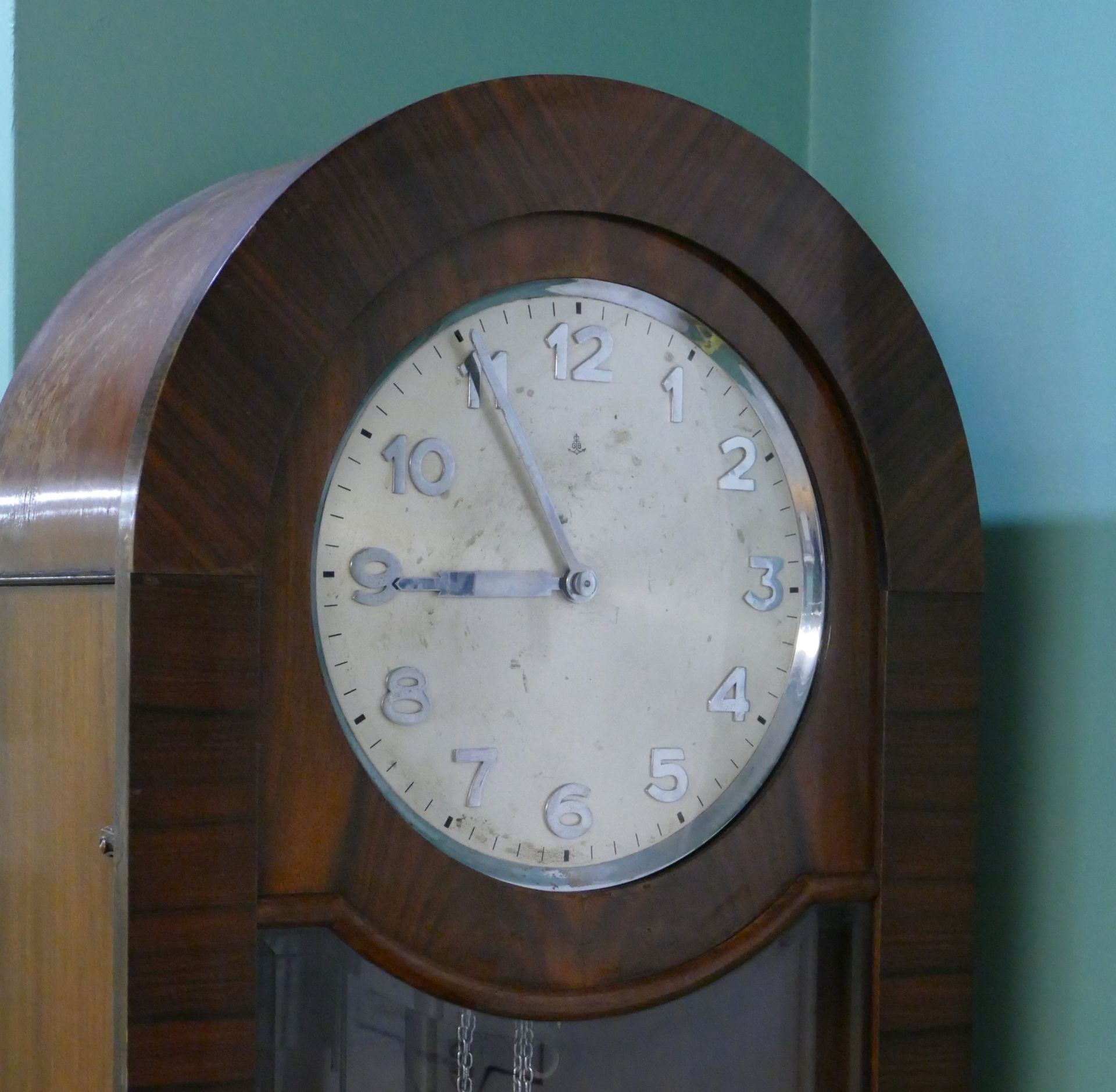A mid 20th century Art Deco longcase clock, mahogany and walnut veneered case, the arched top with - Image 2 of 3