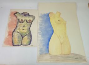 Signed Julian lower right; Two contemporary unframed mixed media paintings depicting female