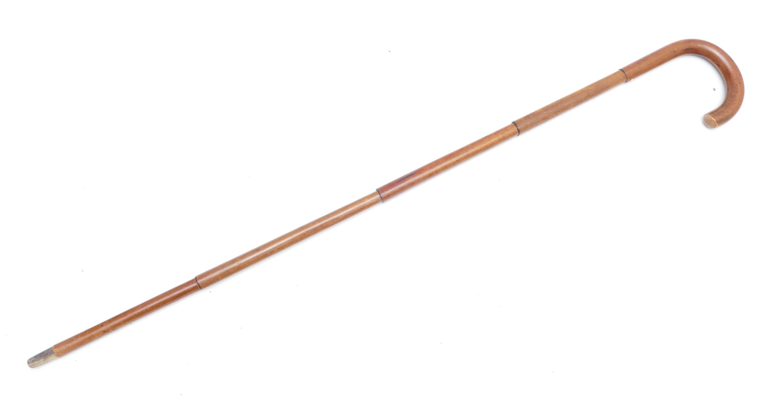 An Edwardian sectional folding Malacca walking stick, with applied OKO stamp, horn tip, 91cm, canvas