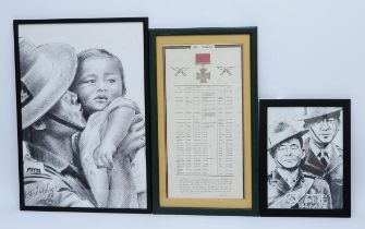 W. Richardson; charcoal drawing depicting a Gurkha with a child in his arms, signed and dated