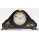 A 1930s Swiss lacquered cloisonne cased drumhead mantle clock, 25cm wide.
