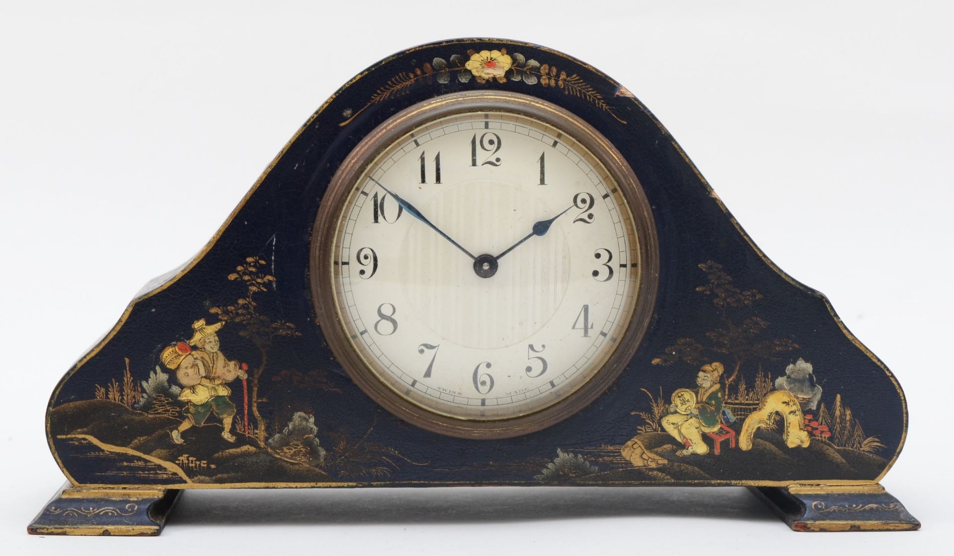 A 1930s Swiss lacquered cloisonne cased drumhead mantle clock, 25cm wide.