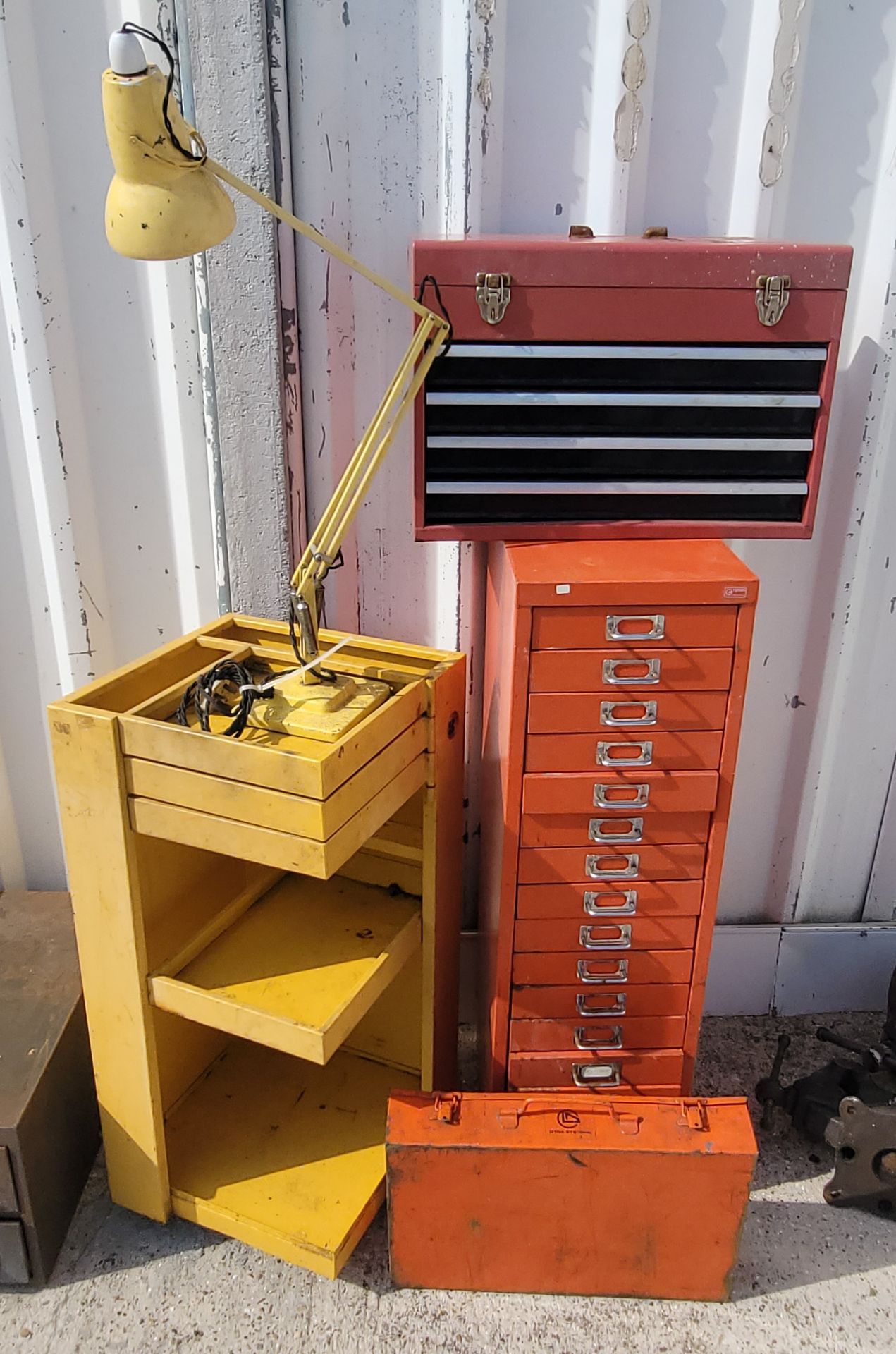 A Ryman painted metal cabinet, comprising of fifteen drawers, 98x28cm, together with a metal tool