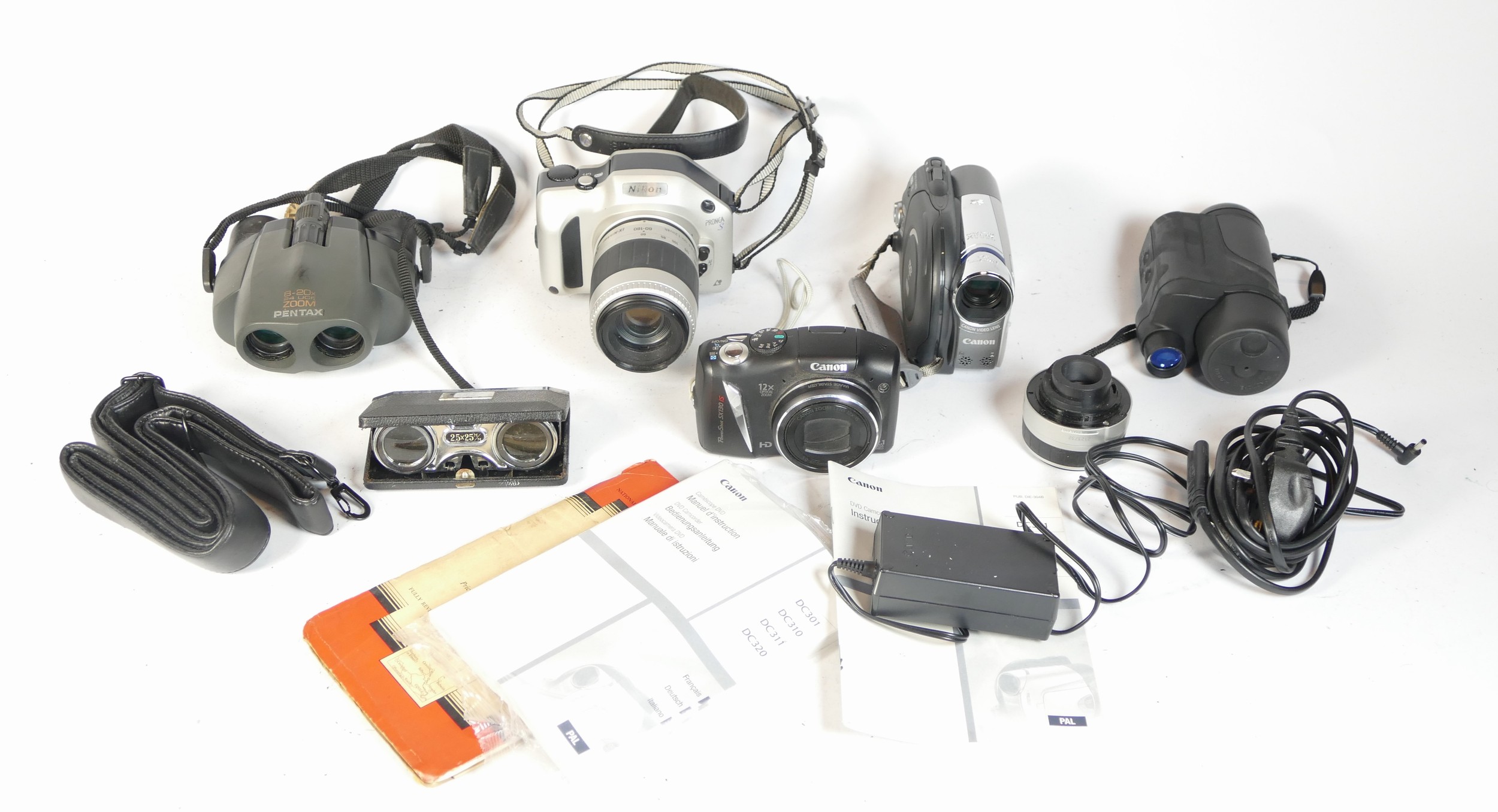 A collection of cameras and equipment, to include a Canon Powershot SX130, a Nikon Pronea S, a Canon