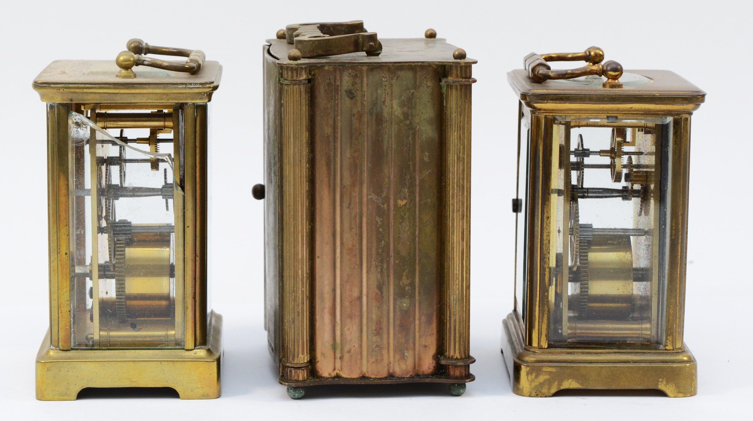 Three mid 20th century carriage clocks, having 8 day movements with floating balance enamelled dials - Image 2 of 5