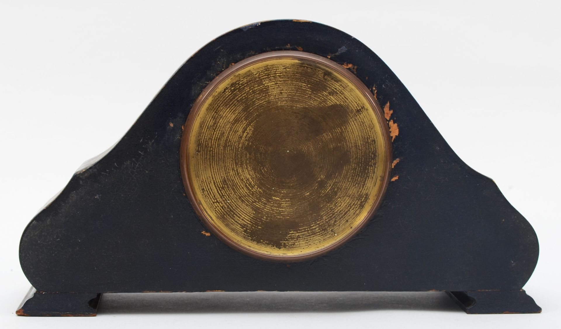 A 1930s Swiss lacquered cloisonne cased drumhead mantle clock, 25cm wide. - Image 3 of 5