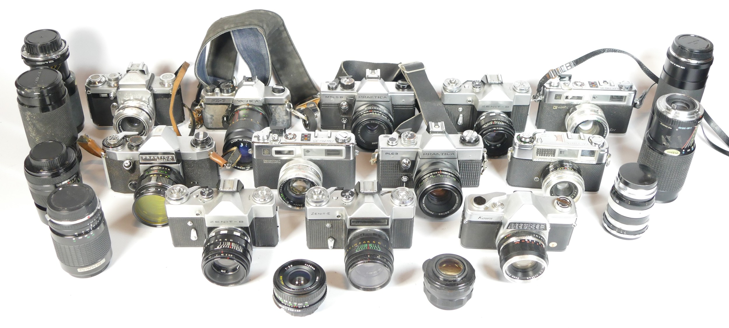 Thirteen SLR vintage film cameras to include a Yashica FX-7, a Praktica Super TL, a Zenit E and a