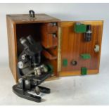 An early 20th century Hawksley & Sons laboratory microscope, model M201295, complete with mahogany